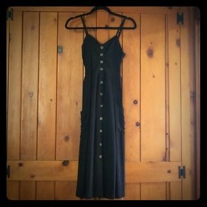 Black button down Summer Dress Midi linen 90s S